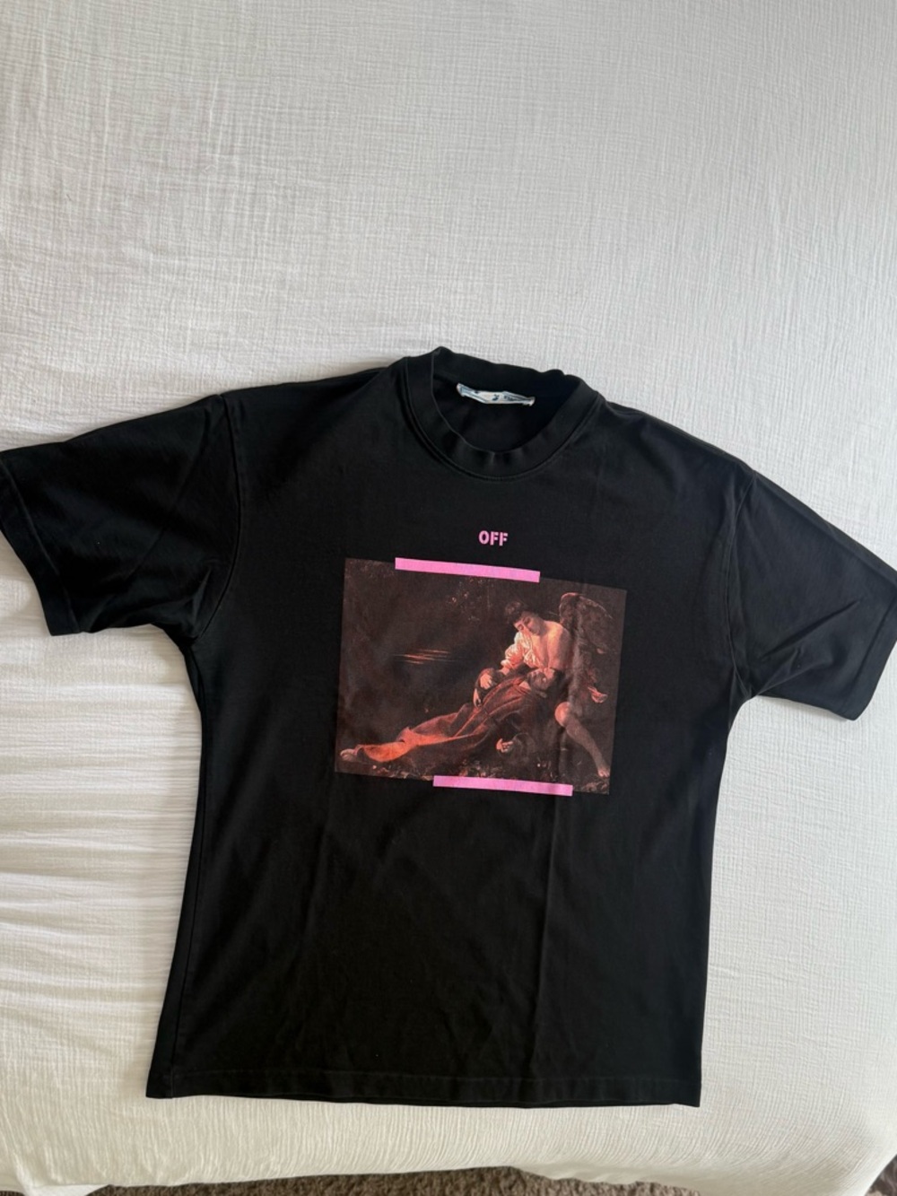 Off-White Black Short-Sleeve Graphic Tee with Pink Accents